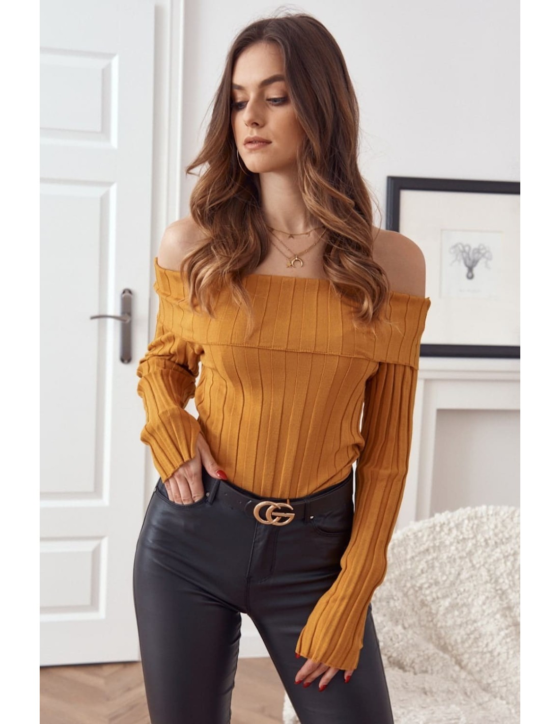 Short blouse with bare shoulders, mustard MP32763 - Online store - Boutique